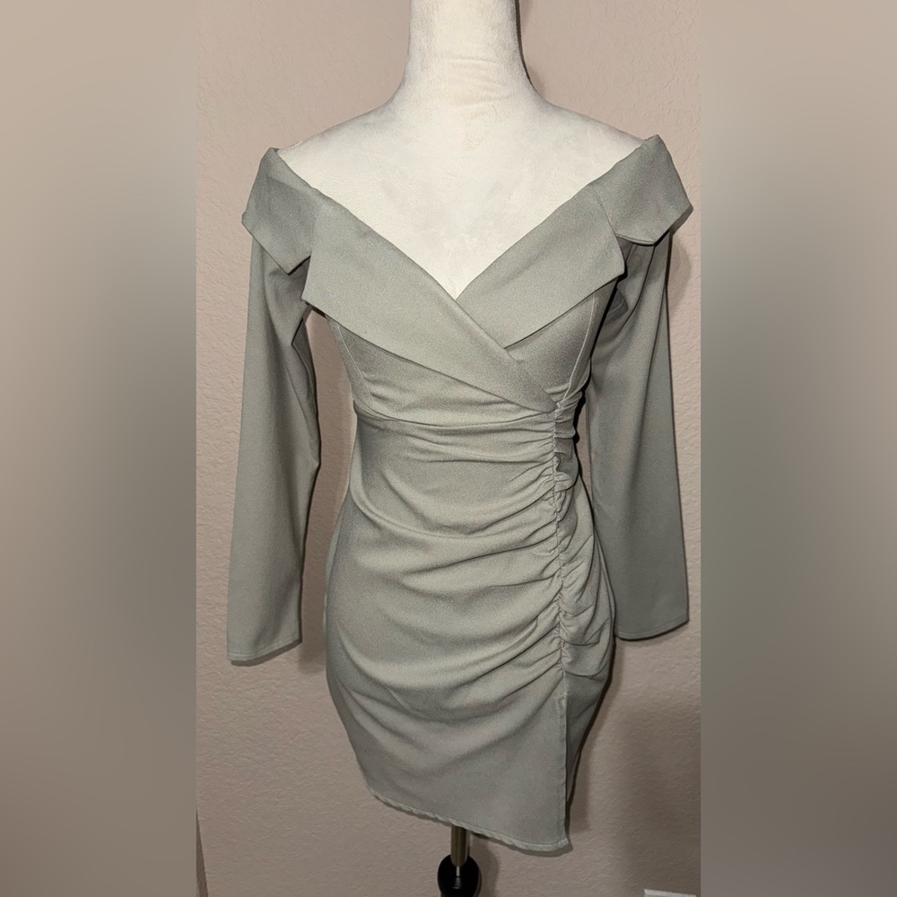 Sage Khaki Bardot Ruched Detail Blazer Dress Size: 0 - Picture 3 of 5